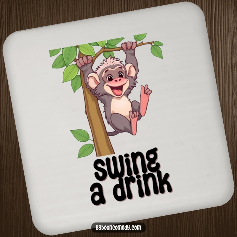 Funny baboon character swinging from a vine, designed on a protective drink coaster. Adds a humorous touch to coffee tables.