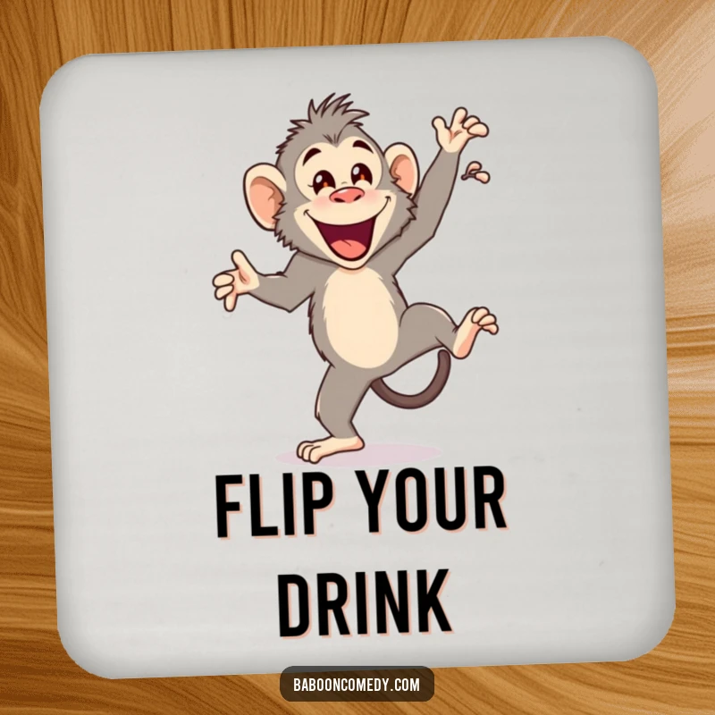 Funny drink coaster featuring a joyful baboon doing a cartwheel with a happy flourish, adding primate-themed humor to any beverage setting.