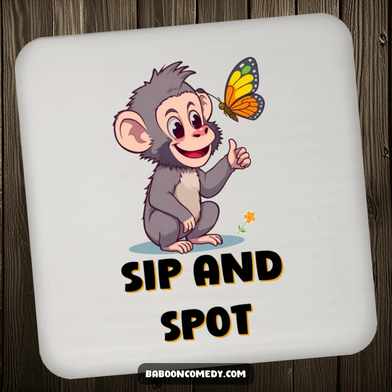 Funny drink coaster showing a curious baboon pointing excitedly at a colorful butterfly, bringing a sense of wonder and fun to any table.