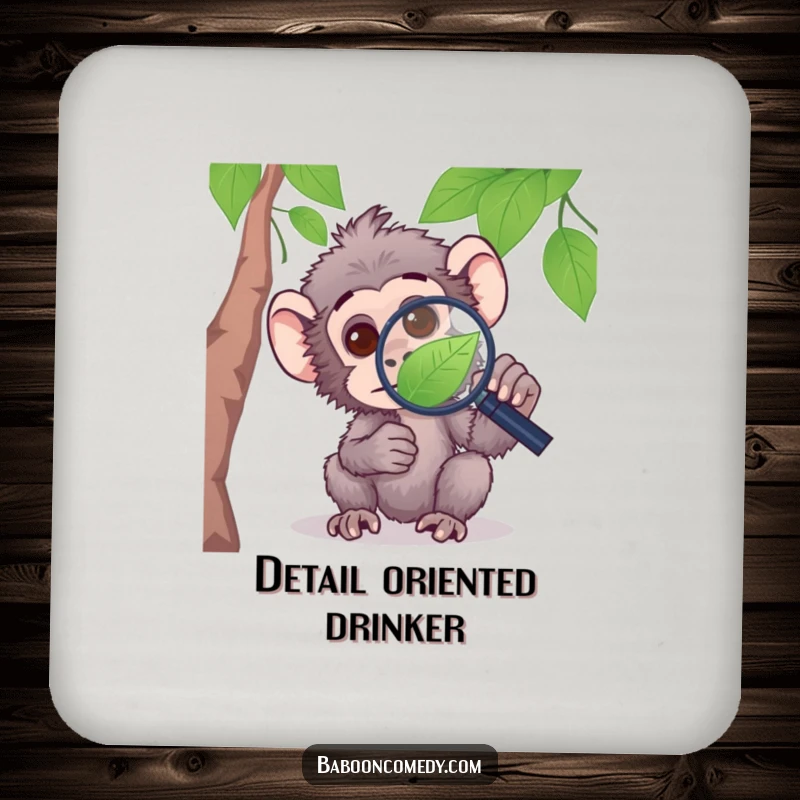 Funny drink coaster featuring a curious baboon examining a leaf with a magnifying glass, adding a thoughtful touch.