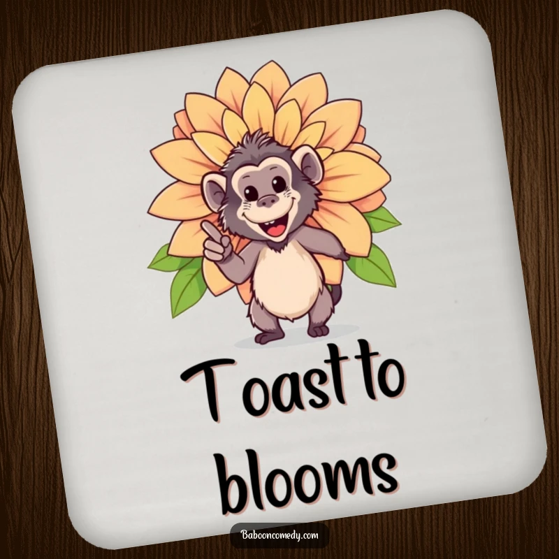 Funny drink coaster featuring a happy baboon proudly pointing at a giant, blooming flower, a beautiful addition to any table.