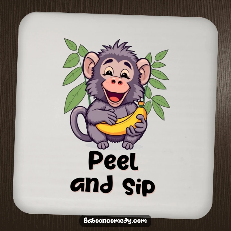 Funny Kawaii Baboon Drink Coaster, with a cute baboon excitedly sharing a bunch of ripe bananas with an open palm.