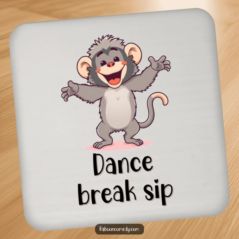 Funny kawaii baboon drink coaster, dancing energetically to protect surfaces, a functional and humorous item.
