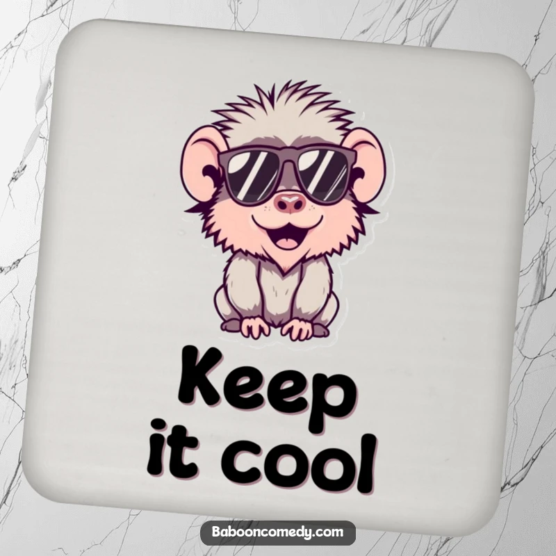 Funny Kawaii Baboon Drink Coaster featuring a cool baboon wearing sunglasses, protecting tabletops with style and humor.