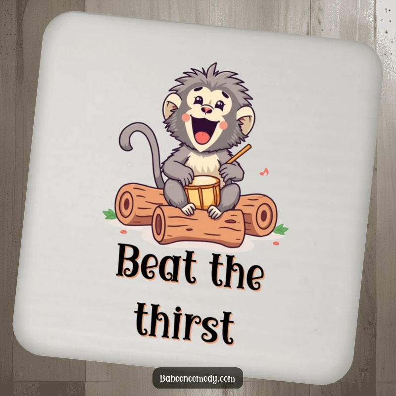 Funny Kawaii baboon drink coaster, depicting an excited primate drumming on hollow logs, adding a rhythmic and humorous touch to decor.
