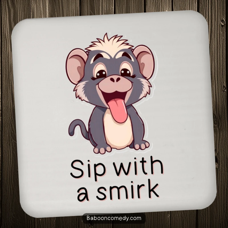 Funny Kawaii baboon drink coaster, depicting a cute baboon making a funny face and sticking its tongue out playfully.