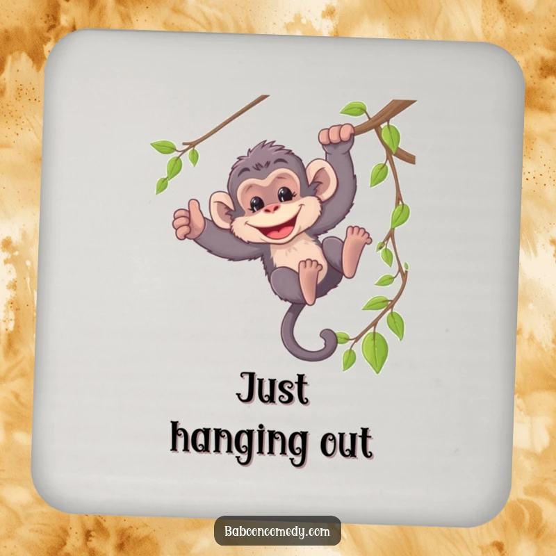 Funny drink coaster featuring a mischievous baboon swinging from a vine, adding a playful touch to any table.
