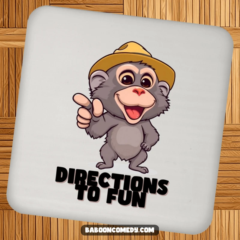 Funny Safari Baboon Coaster: A cute baboon in a safari hat points forward. Protects surfaces with a dash of jungle humor.