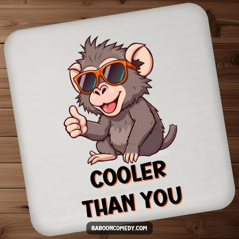 Funny drink coaster featuring a cool baboon in sunglasses giving a thumbs up, protecting surfaces with humor.
