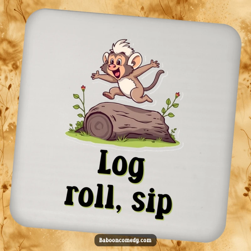 Funny coaster depicting a baboon energetically jumping over a small log, adding a dynamic touch to surfaces.