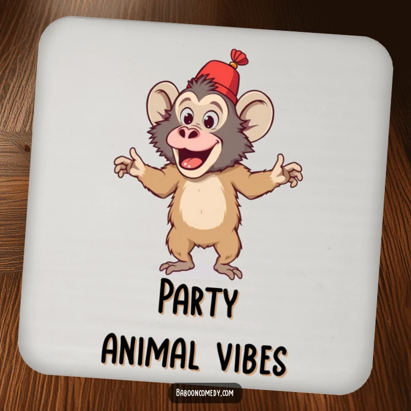 Funny drink coaster featuring a playful baboon in a fez performing a silly dance, adding a touch of amusement to any table.