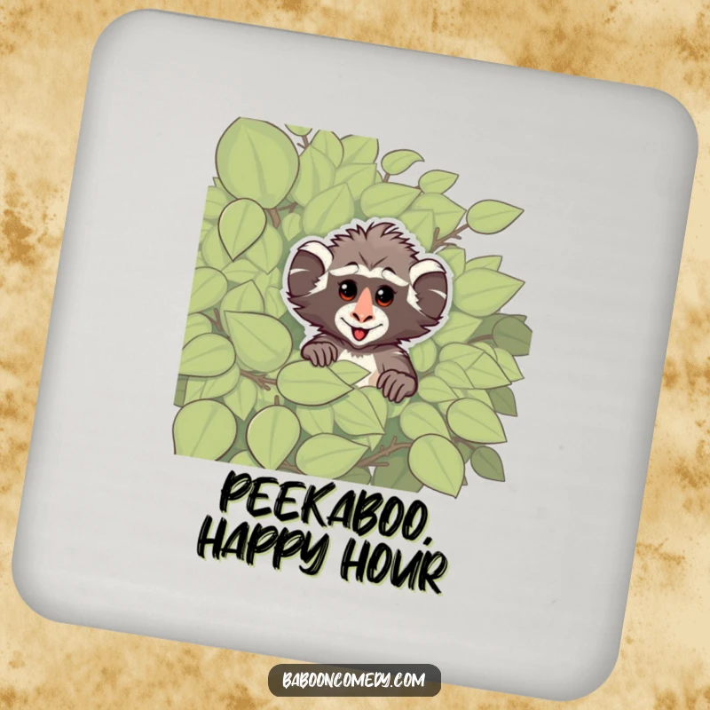 Funny drink coaster featuring a cheeky baboon peeking from behind a leafy bush, adding primate-themed playful humor to any drink setting.