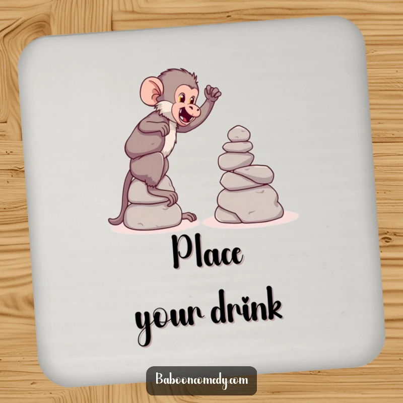 Funny drink coaster depicting a playful baboon constructing a tower of large, round stones, adding a fun touch to drinks.