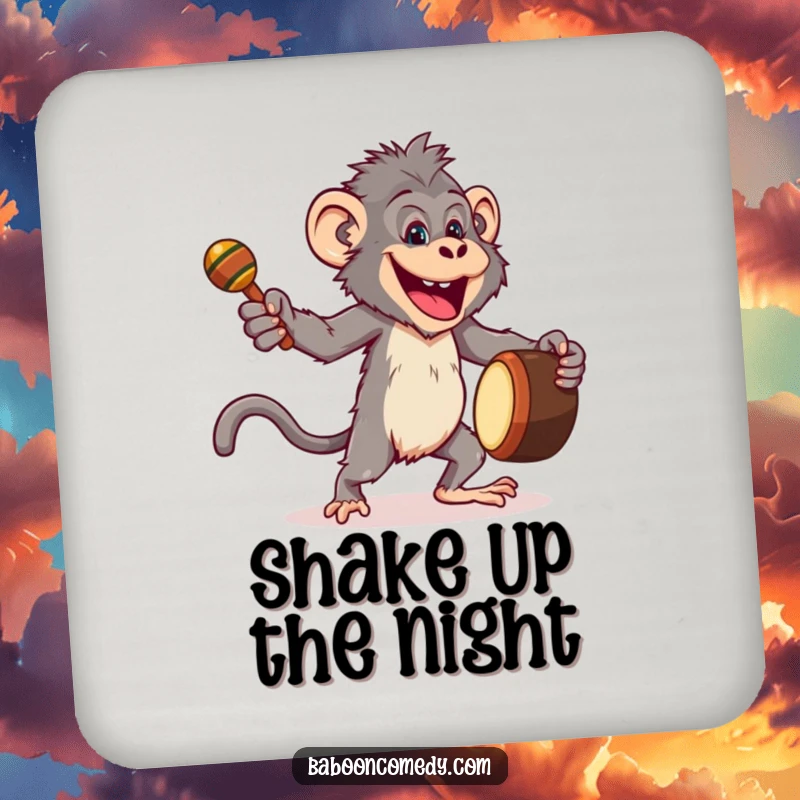 Funny drink coaster featuring a joyful baboon dancing energetically with a drum and maracas, adding a festive touch.