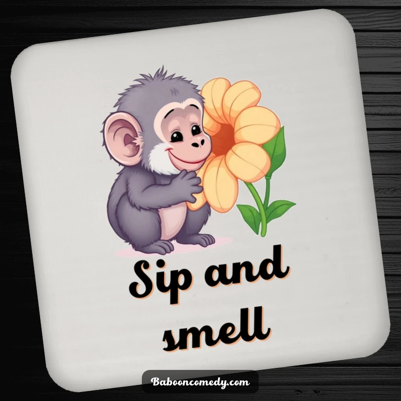 Funny Kawaii baboon drink coaster, depicting a curious primate gently examining a colorful flower, adding gentle humor and natural beauty.