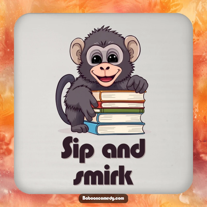Funny drink coaster depicting a mischievous baboon peeking over books and giggling, adding a playful touch to any drink.