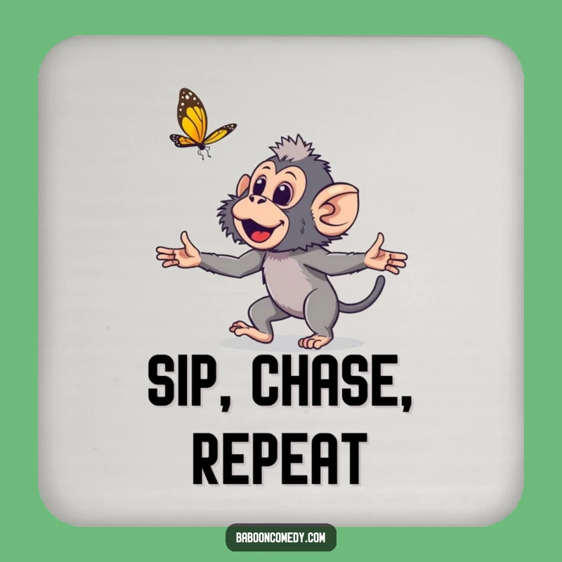 Funny Young Baboon Drink Coaster: Playful Primate Butterfly Chase Decor