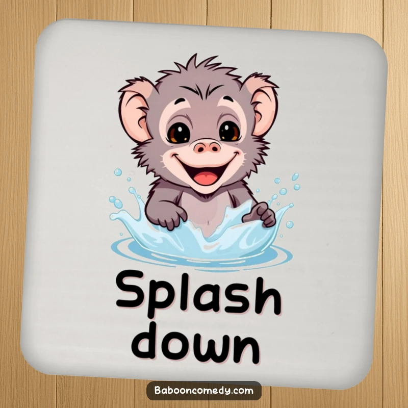 Funny kawaii baboon drink coasters showing a happy primate splashing water, safeguarding furniture from moisture.