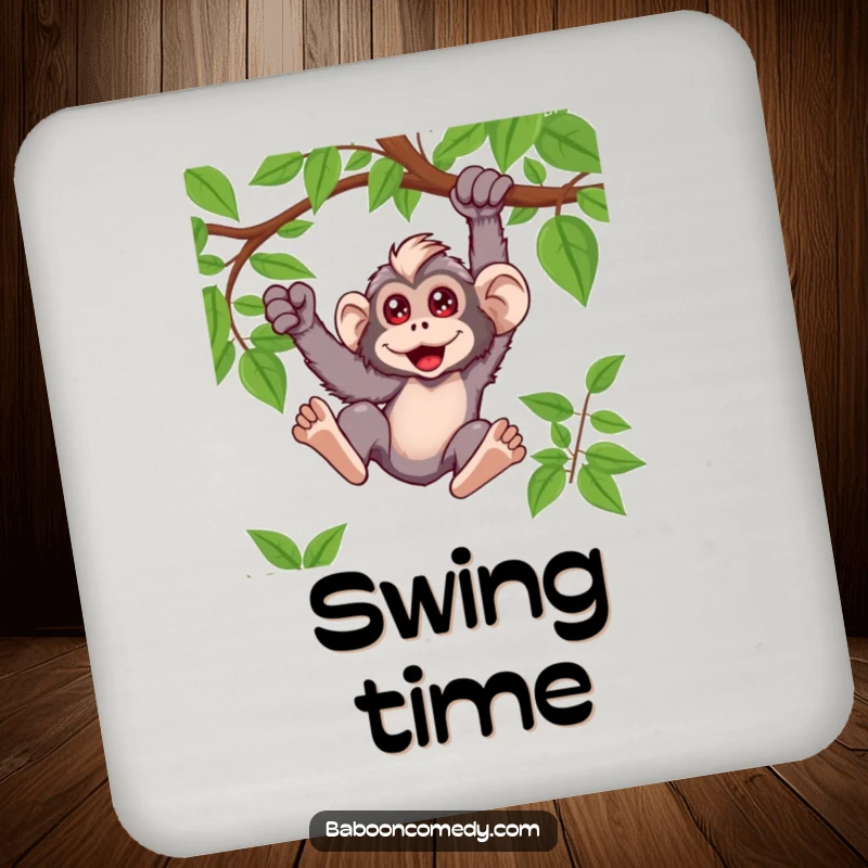 Funny kawaii baboon drink coasters depicting a primate mid-swing on a vine, safeguarding furniture from moisture.
