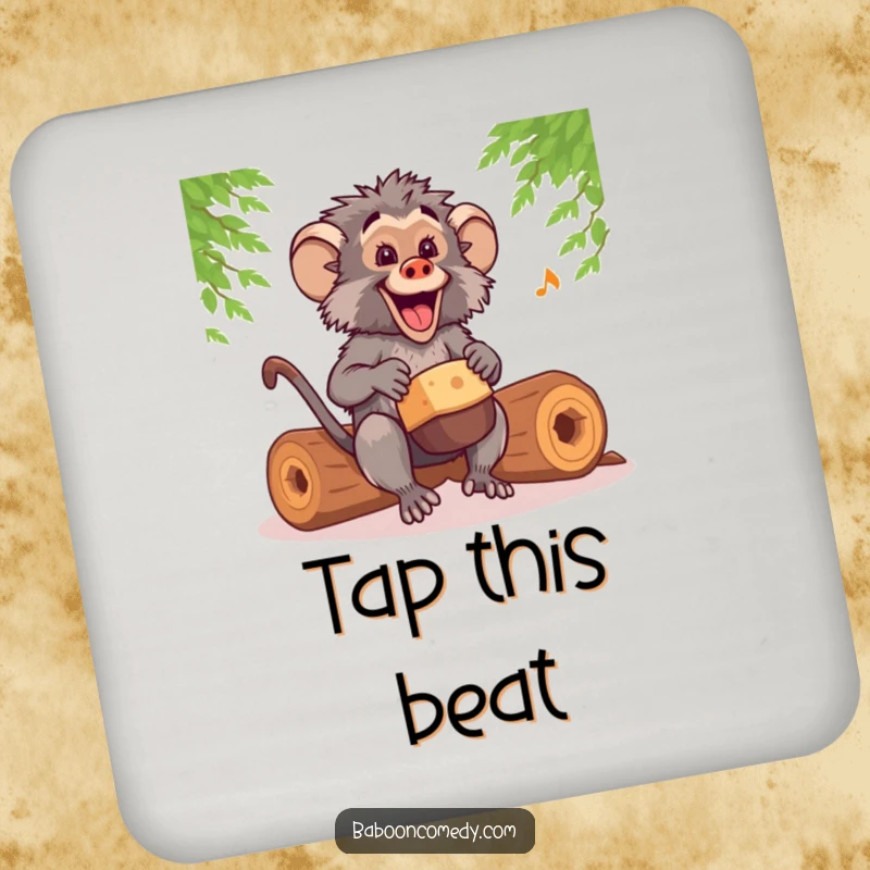Funny kawaii baboon drummer drink coaster, protecting furniture with a happy, rhythmic drumming pose, a functional and funny item.