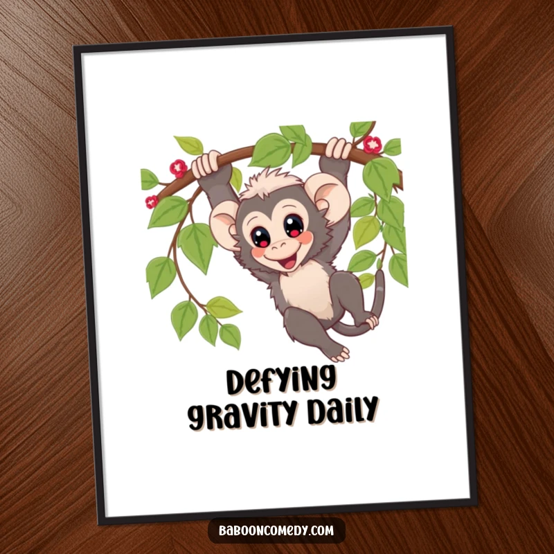 Funny Poster: Energetic kawaii baboon with wide eyes, joyfully swinging from a dangling vine, capturing pure adventurous spirit.