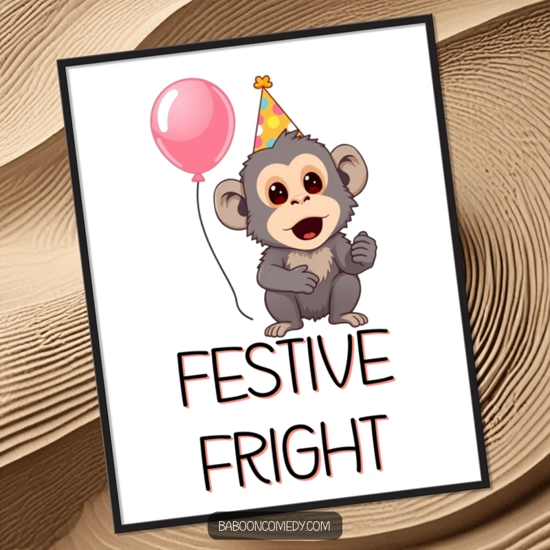 Funny poster depicting a surprised baboon wearing a party hat and holding a balloon, adding festive cheer to any room.