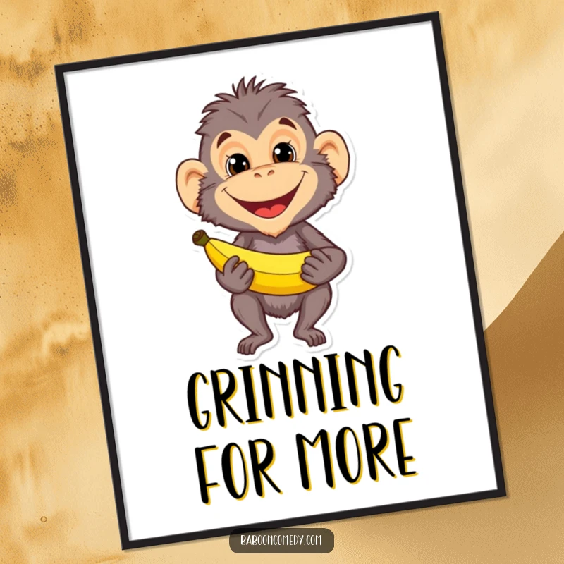 Funny baboon with a mischievous grin holding a banana, presented as a vibrant poster. Ideal wall art for kitchens and playful spaces.