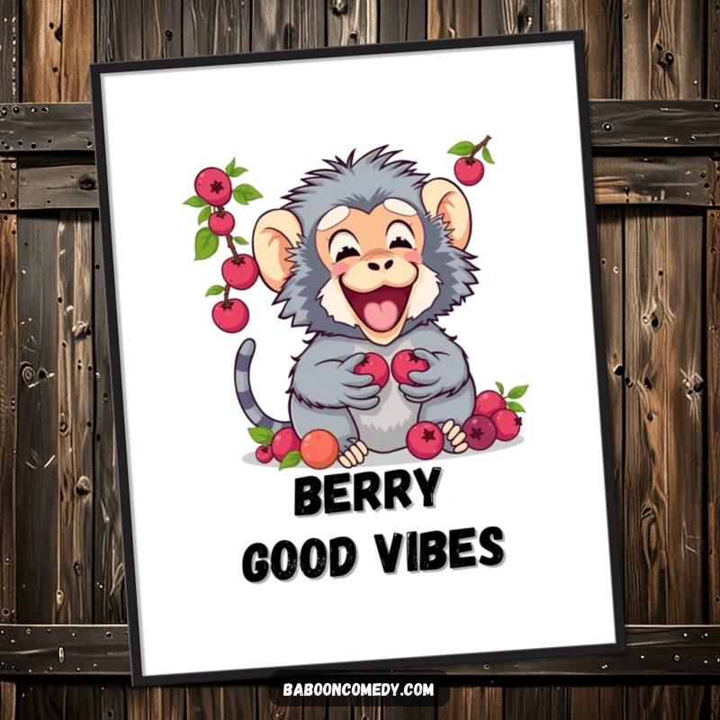 Funny poster illustrating a happy baboon offering a bounty of berries to its friend, conveying a message of sharing and joy.