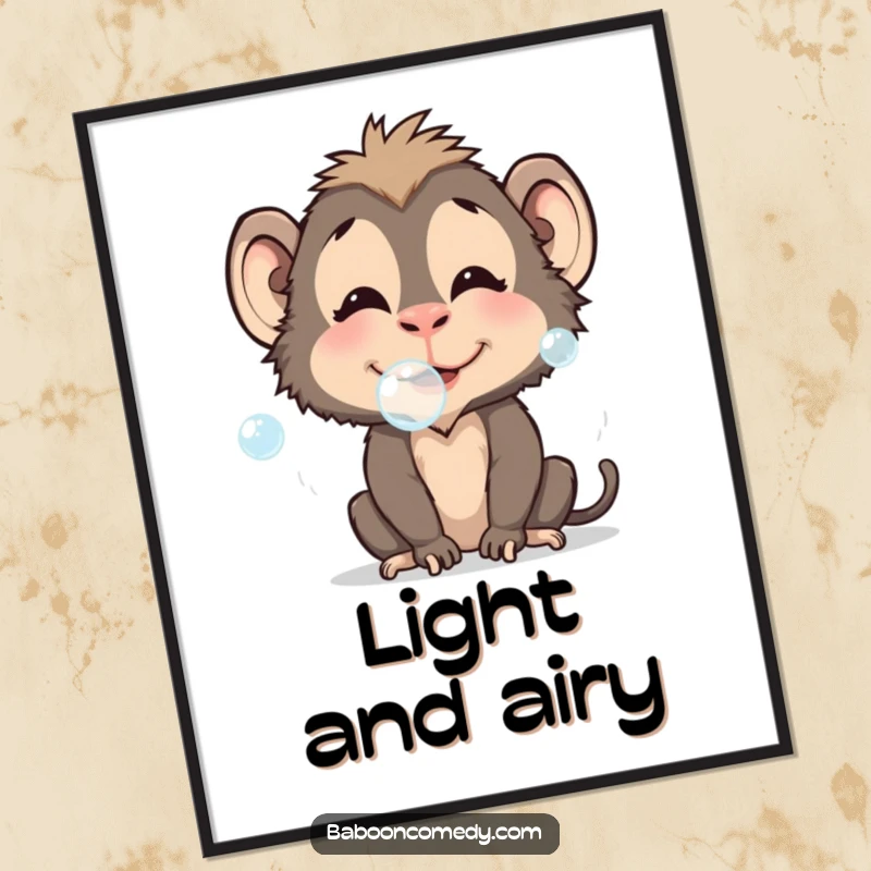 Funny baboon poster showing a character playfully blowing bubbles, creating a cheerful and whimsical atmosphere, a great funny gift.