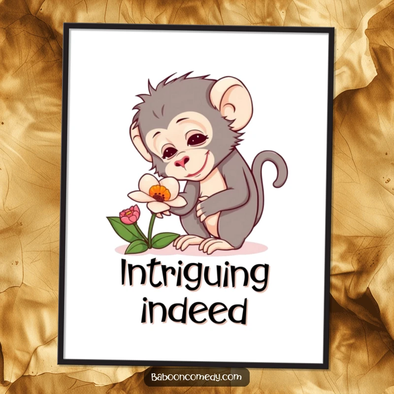 Funny poster illustrating a baboon with an expression of pure delight intently examining a fascinating, unusual flower.
