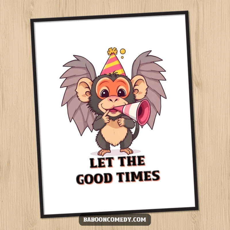 Funny baboon poster in a party hat blowing a noisemaker, adding humor and style to any space, a great funny gift.