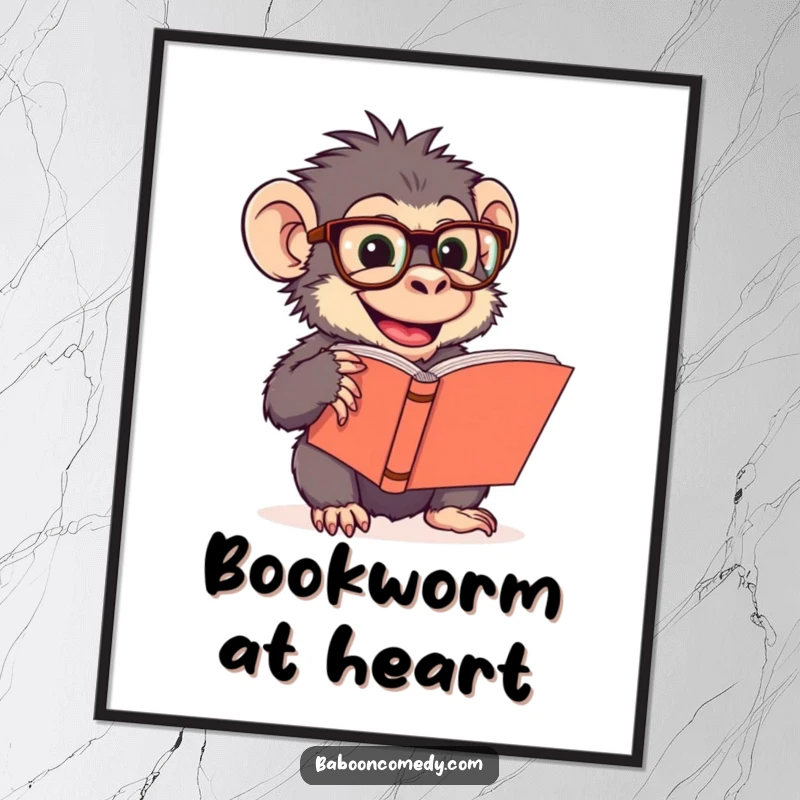 Funny poster print of a giggling baboon wearing large glasses, deeply engrossed in reading a substantial book with an amused expression.