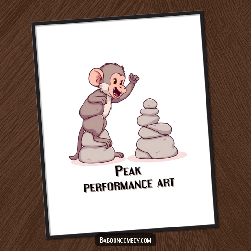 Funny poster showing a playful baboon building a tall tower with large, round stones, a charming piece of construction art.