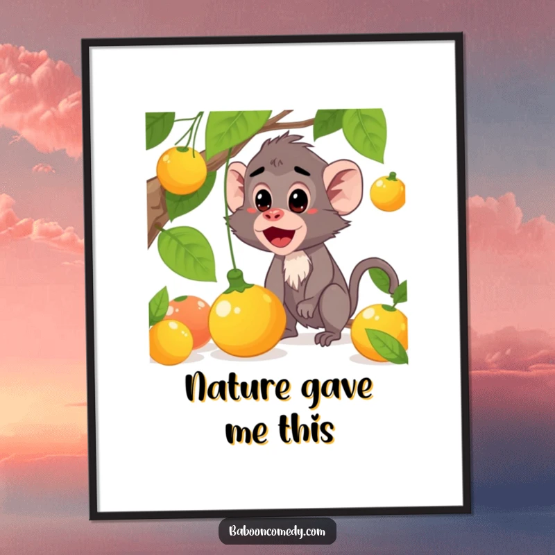 Funny baboon poster showing a surprised character as fruit falls, perfect for adding humorous decor, a great funny gift.
