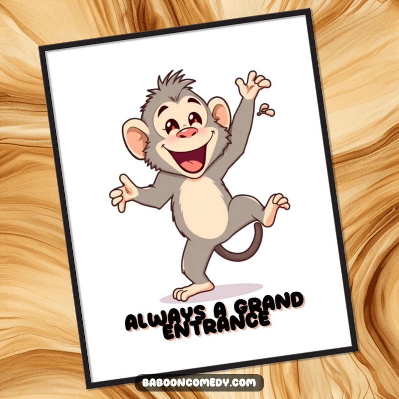 Funny poster of a happy baboon executing a perfect cartwheel with a flourish, capturing energetic primate movement and playful expression.