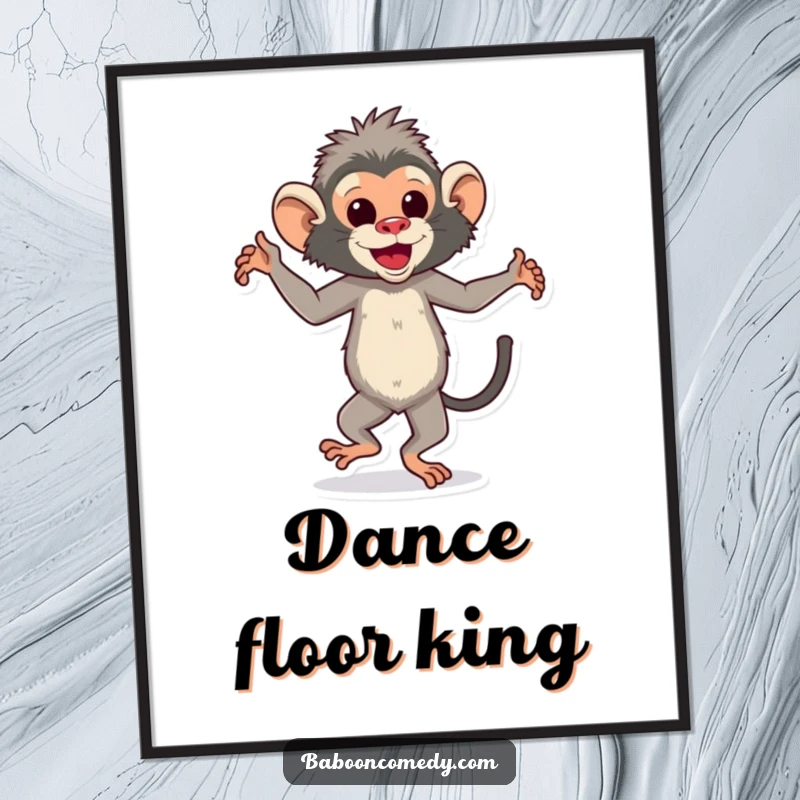 Funny dancing baboon poster showing a happy ape moving rhythmically with feet tapping, ideal for music and dance enthusiasts.