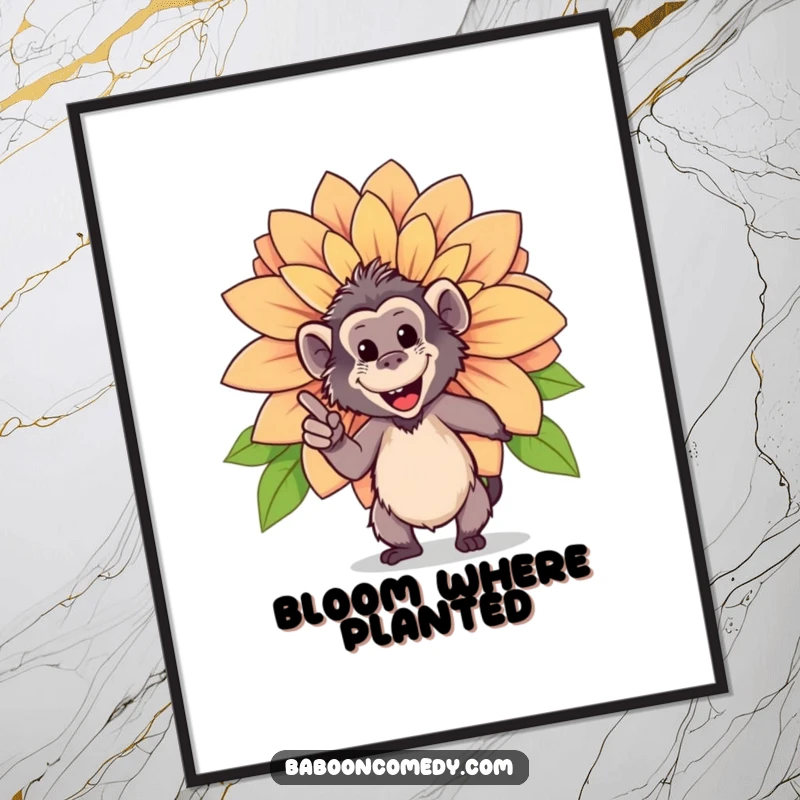 Funny poster illustrating a happy baboon proudly pointing at a giant, blooming flower, creating a beautiful natural scene.