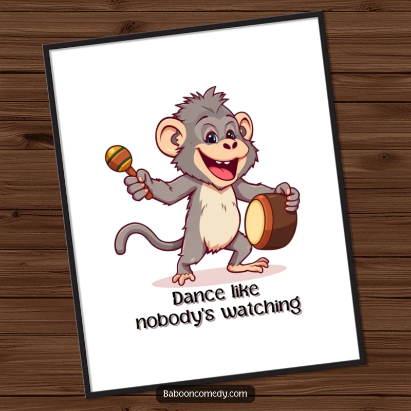 Funny poster of a joyful baboon dancing energetically with a drum and maracas, perfect for adding vibrant energy to a space.