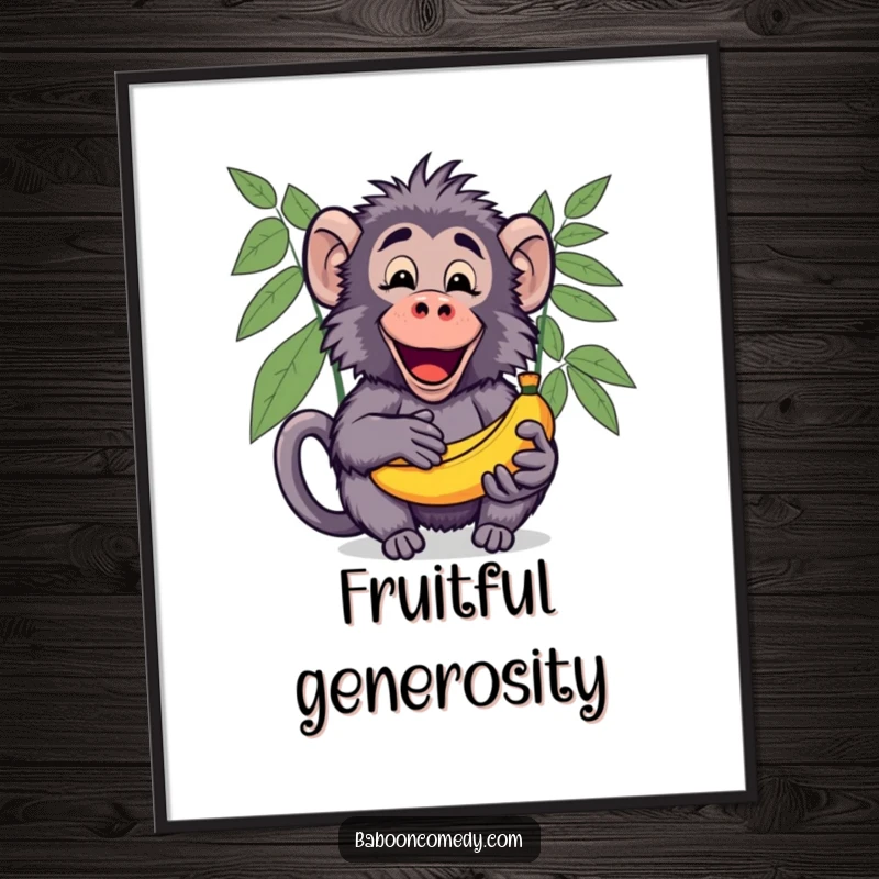 Funny Kawaii Baboon Poster, showing a happy baboon excitedly sharing a bunch of ripe bananas with an open palm.