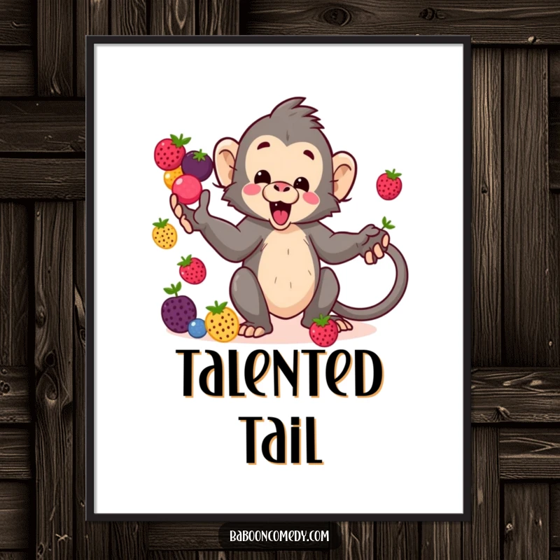 Funny kawaii baboon poster, a delightful primate artistically juggling a pile of colorful berries using its tail, bringing cheerful decor.