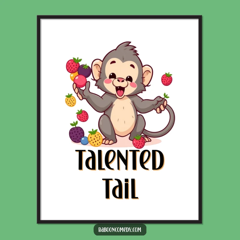 Funny Kawaii Baboon Berry Juggling Poster - Whimsical Wall Art Gift
