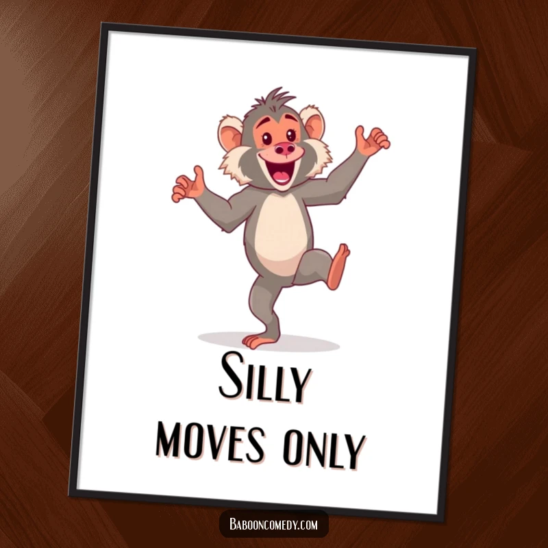 Funny kawaii baboon poster, a cheerful primate performing a silly, energetic dance on its hind legs, bringing joy to decor.