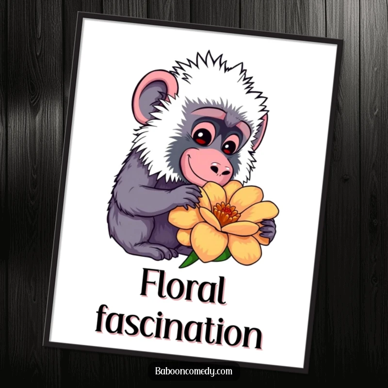 Funny kawaii baboon poster showing a gentle smile while curiously examining a large, colorful flower, serene and humorous.