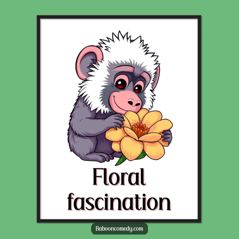 Funny Kawaii Baboon Flower Poster: Gentle Smile, Hilarious Wall Art