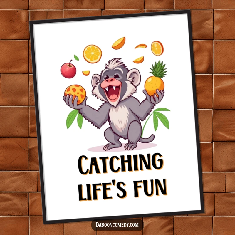 Funny Kawaii baboon poster, artfully showing a primate gleefully tossing colorful tropical fruits in the air and catching them, vibrant wall decor.