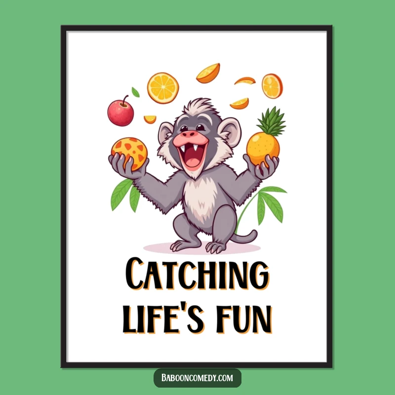 Funny Kawaii Baboon Fruit Poster: Vibrant Primate Art for Your Walls