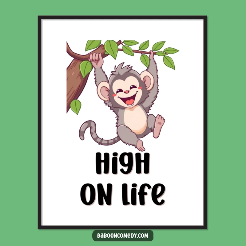 Funny Kawaii Baboon Poster: Joyful Primate Vine Swinging Wall Art for Smiles
