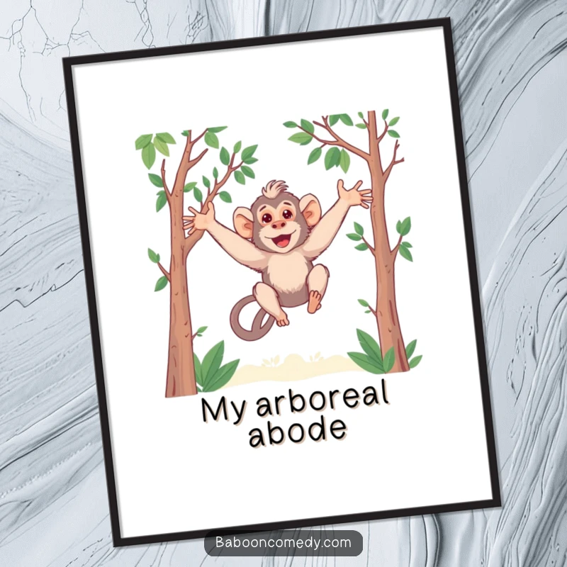 Funny Kawaii Baboon Poster: An adorable baboon with long arms playfully swings. Whimsical jungle art that adds humor and charm.