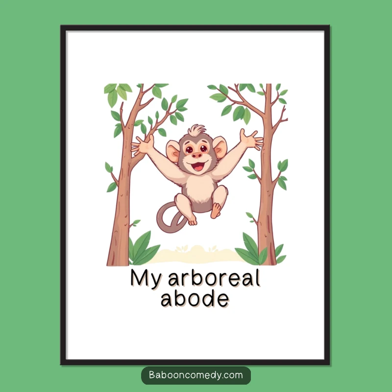 Funny Kawaii Baboon Poster - Long Arms Swinging Art - Adorable Jungle Primate Decor