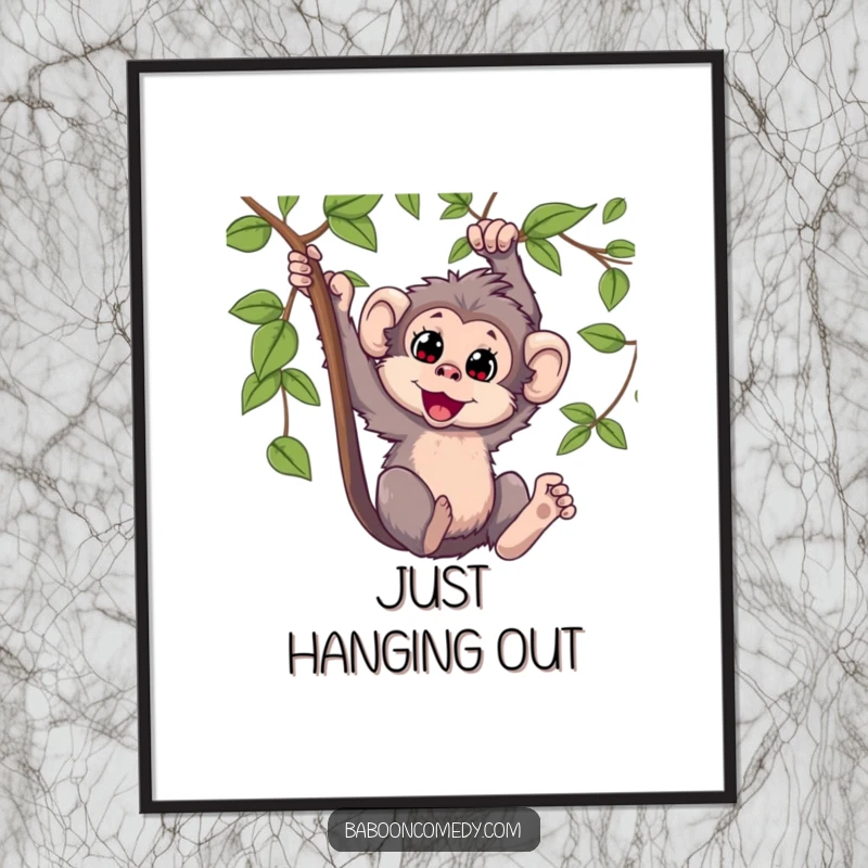 Funny Kawaii baboon poster, artfully depicting a delighted primate swinging from a vine, full of energy and playful spirit, wall decor.